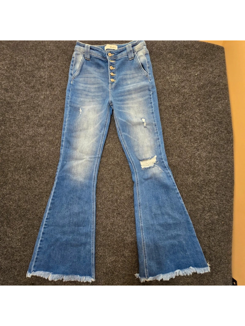 KanCan High Rise Distressed Flare Jeans Button Fly Raw Hem Medium Wash 7/27